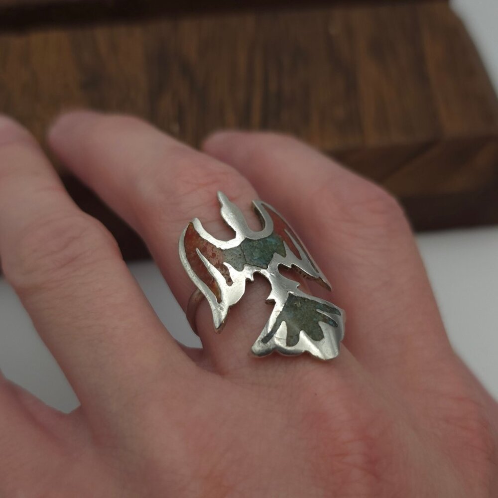 Size 9 Sterling Silver Native Turquoise And Coral Bird Band Ring A301 - Picture 3 of 7